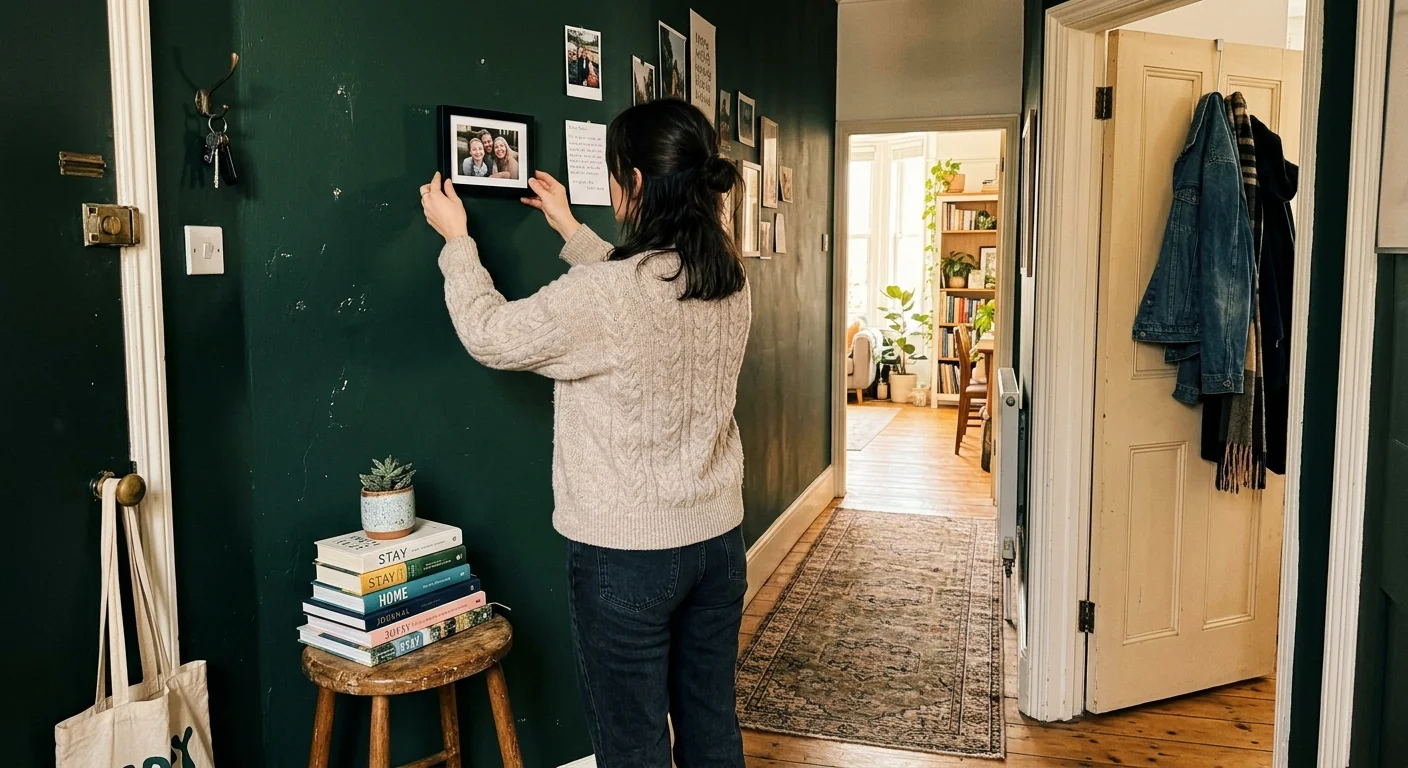 A person in a knit sweater hangs a picture frame on a deep forest green hallway wall in a cozy, authentic home.