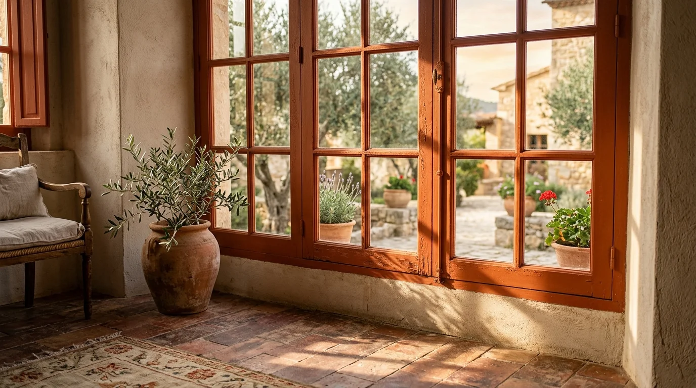 A rustic sunroom window painted in warm matte terracotta clay, casting long geometric shadows across a terracotta tiled floor.