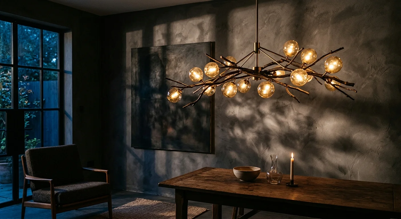 A sculptural modern glass globe branch chandelier casting a warm, artistic glow in a dimly lit, minimalist living room.