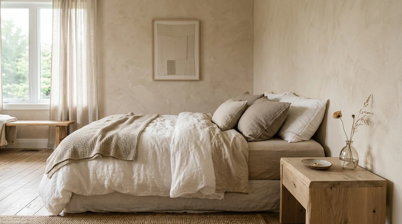 A serene bedroom featuring a warm beige Roman clay plaster wall and bed dressed in soft, wrinkled natural beige and white linens.
