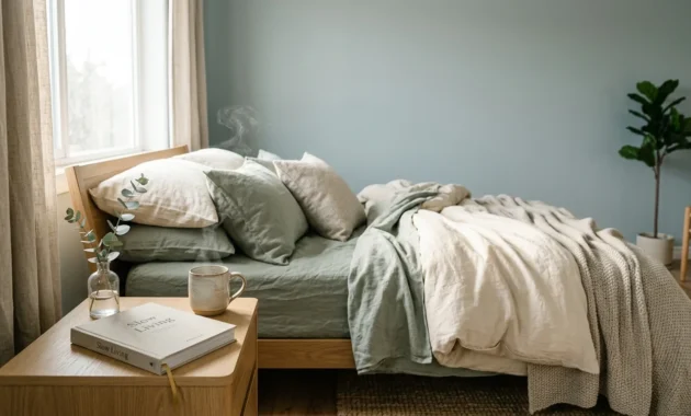 A serene bedroom with a soft blue-green-gray wall, rumpled linen bedding, and a light oak nightstand with a steaming ceramic mug and book.