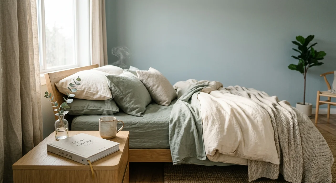 A serene bedroom with a soft blue-green-gray wall, rumpled linen bedding, and a light oak nightstand with a steaming ceramic mug and book.