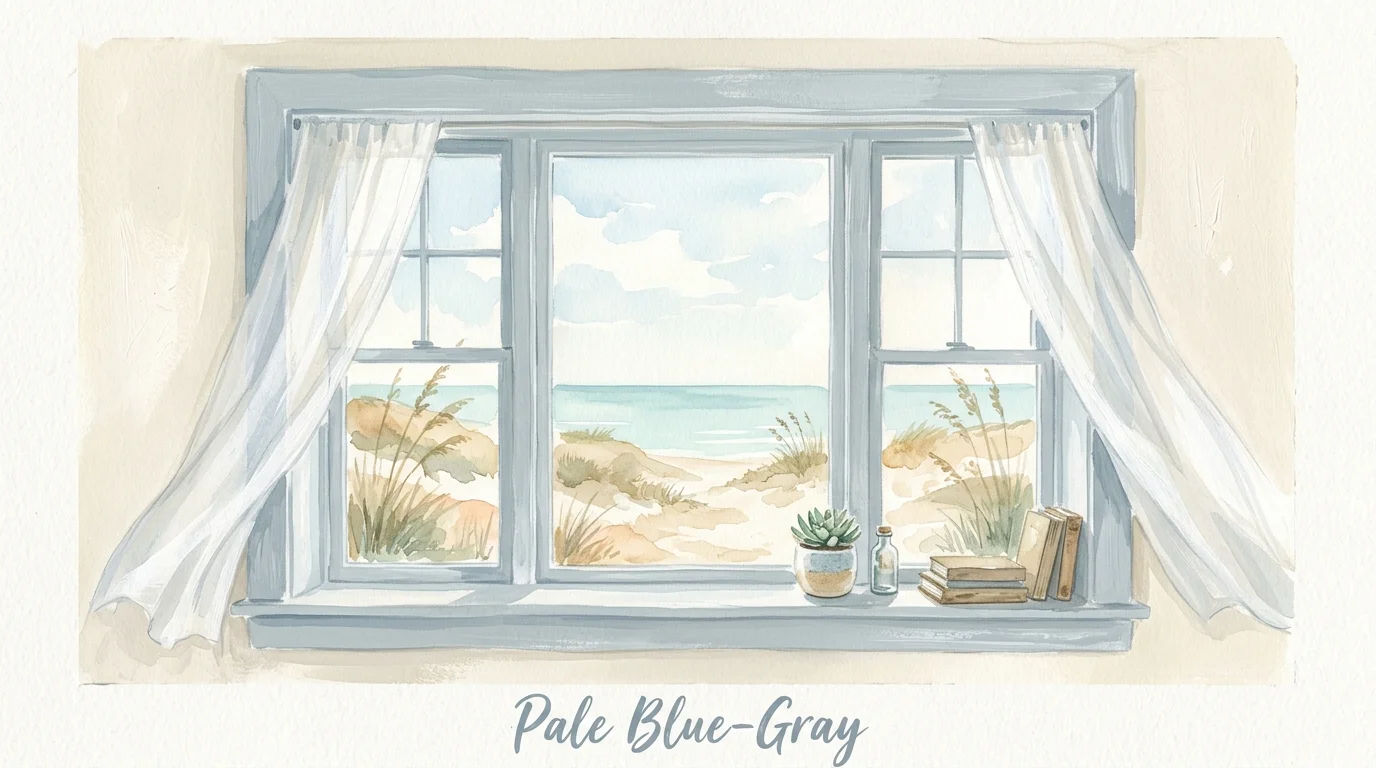 A serene illustration of a window painted pale blue-gray, with sheer white curtains blowing in a coastal breeze.