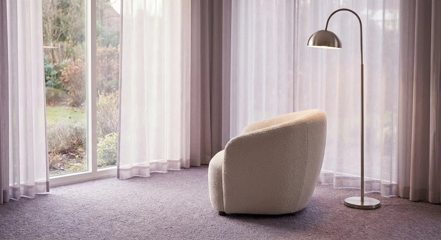A serene reading corner with dusty lavender carpet, a cream bouclé armchair, and soft morning light.