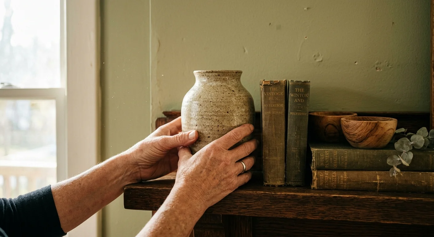 A snapshot of hands placing an organic, hand-thrown ceramic vase onto a rustic wooden mantelpiece.