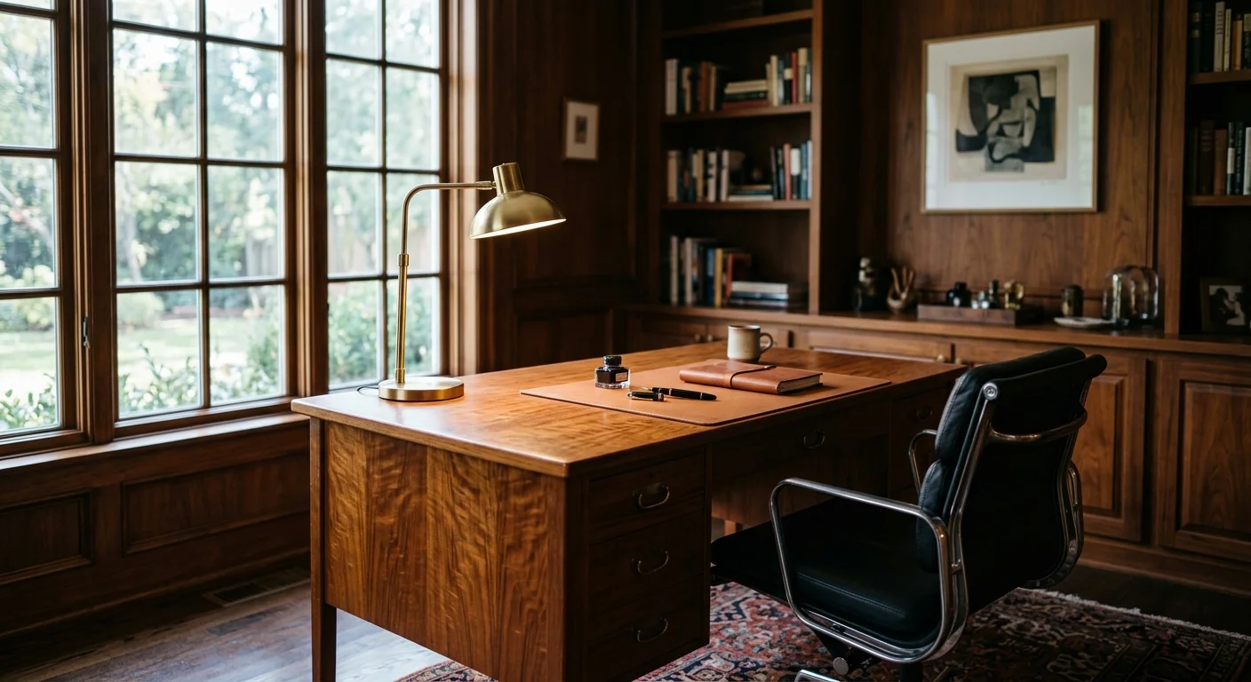 A sophisticated home office featuring rich teak wood brown walls, a vintage teak desk, and a brass lamp.