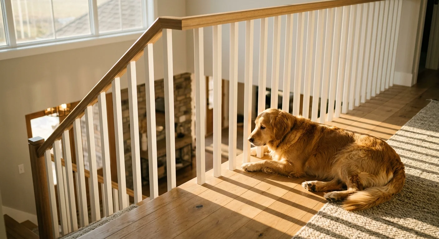 A staircase landing with clean, slim white balusters and a light oak handrail, with a dog lying peacefully on the floor.
