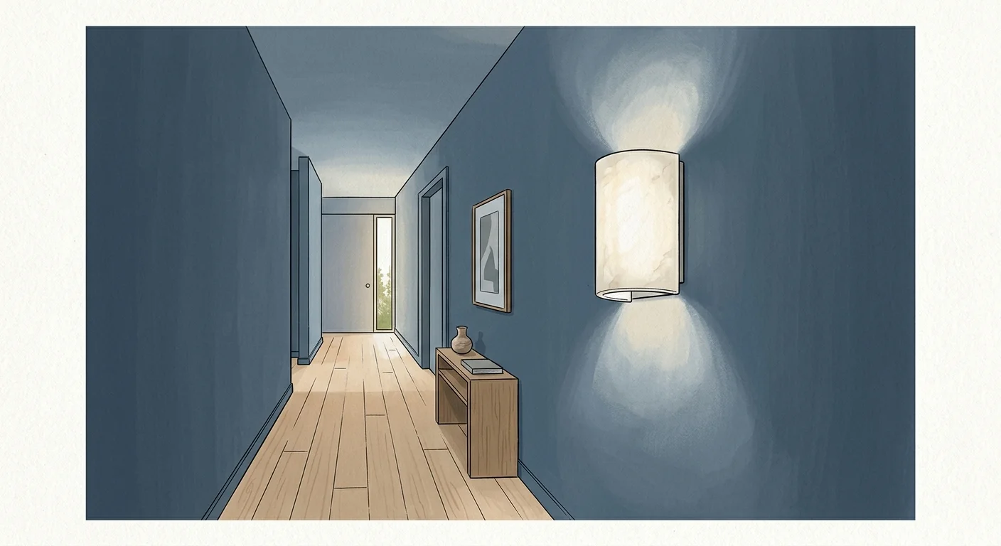 A stylized gouache illustration of a slate blue hallway with a glowing white alabaster wall sconce.