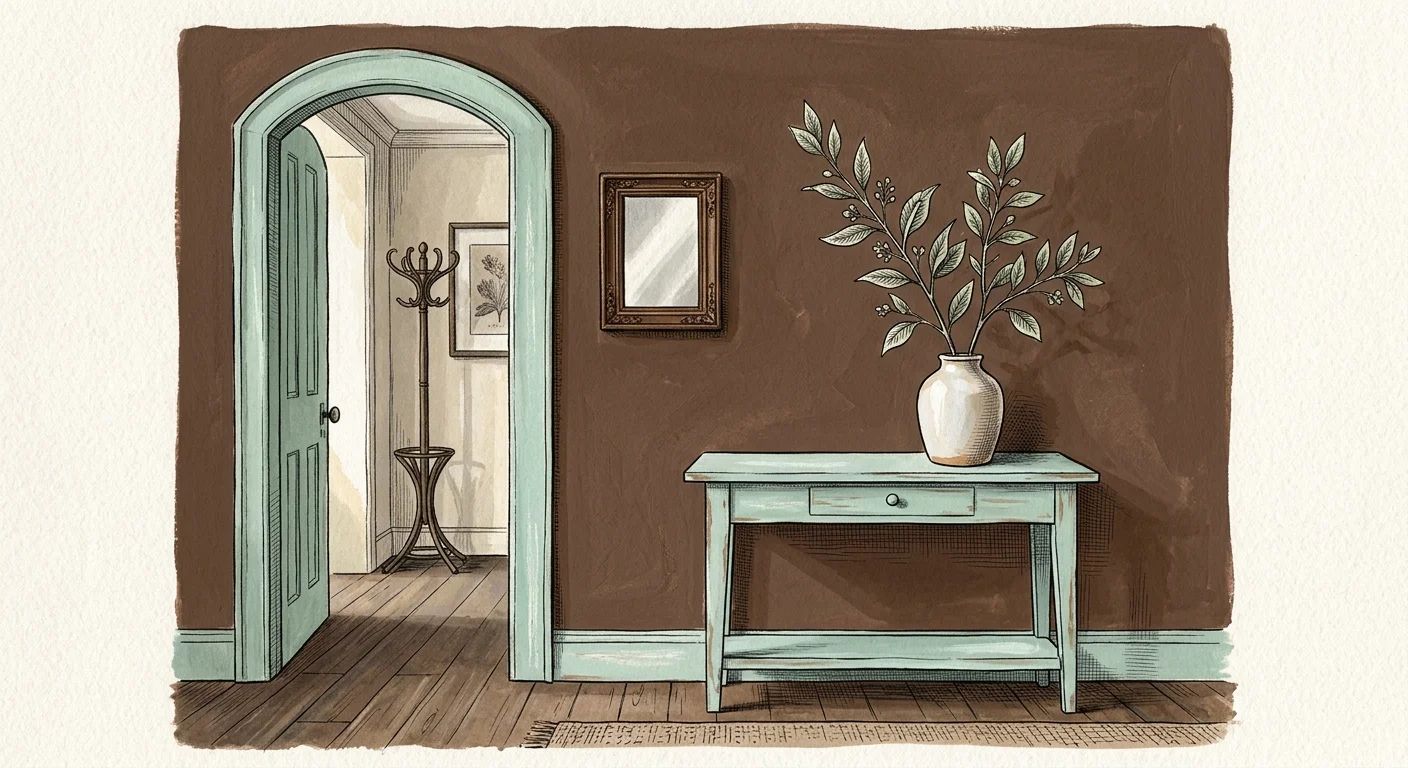 A stylized gouache illustration of a warm chocolate brown hallway wall with a soft celadon green console table.