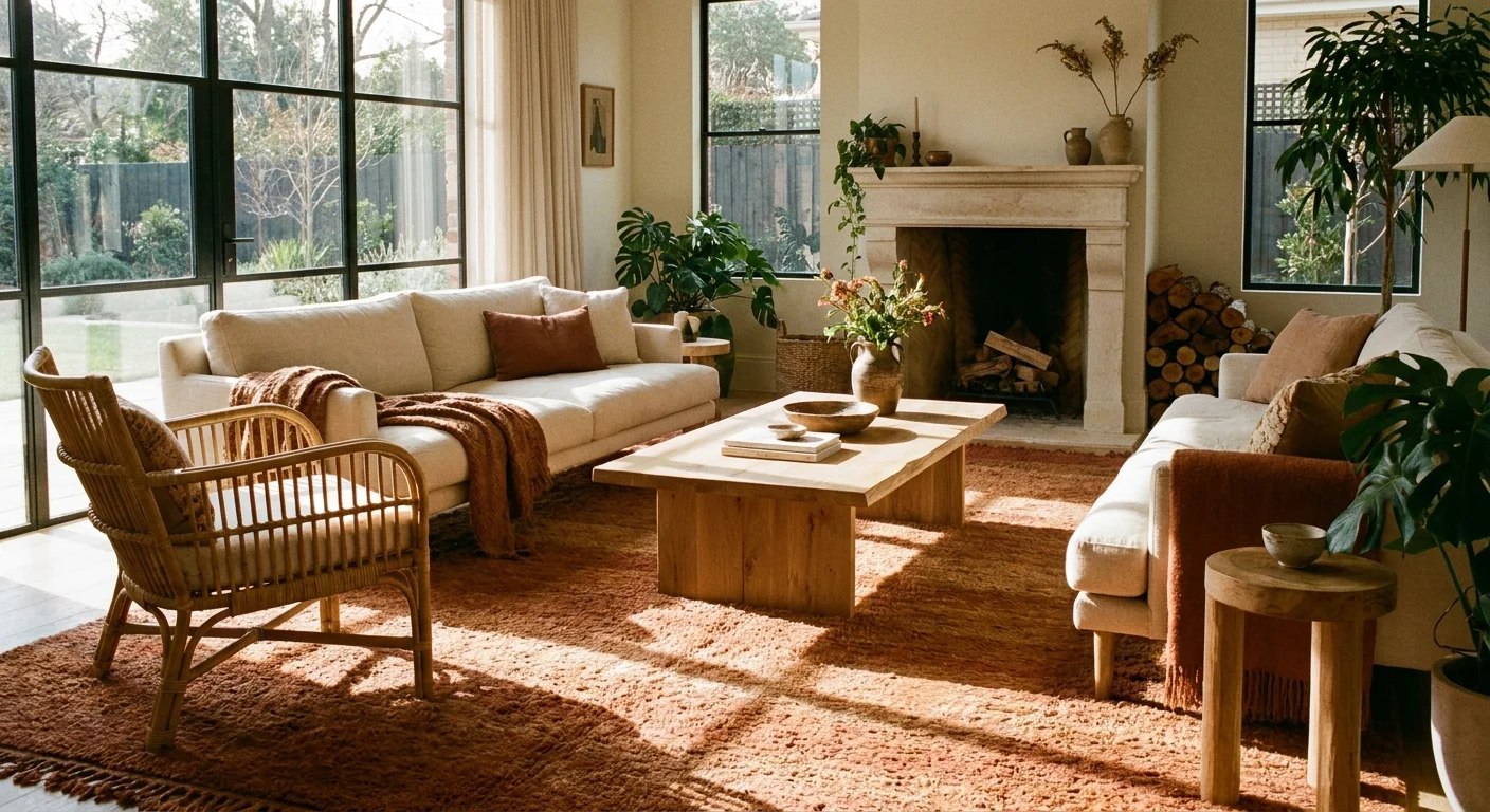 A sunlit living room featuring warm terracotta carpet, cream linen sofa, and a woven rattan chair.