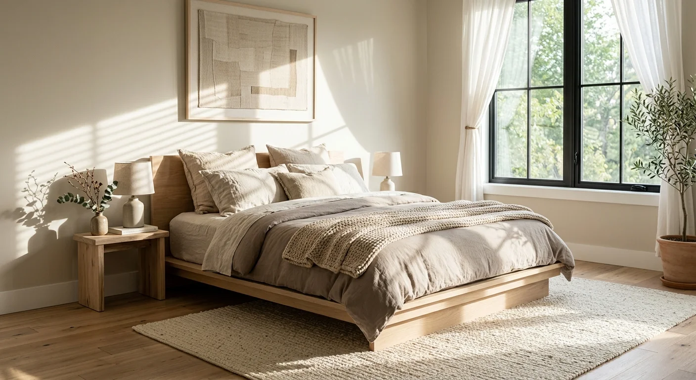 A sunlit minimalist bedroom with warm sandy-greige walls, a light oak platform bed, and layered beige textiles.