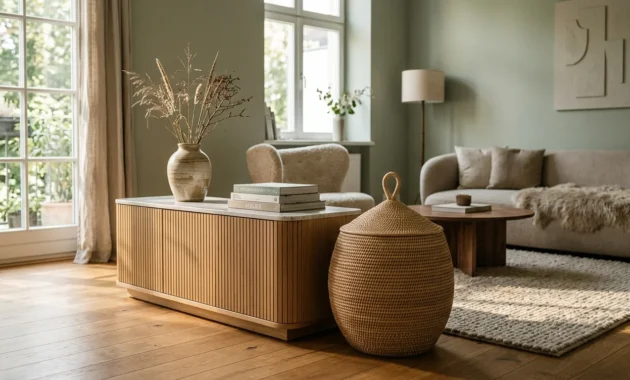 A sunlit modern living room featuring a fluted oak credenza and a large woven rattan basket on a textured wool rug.
