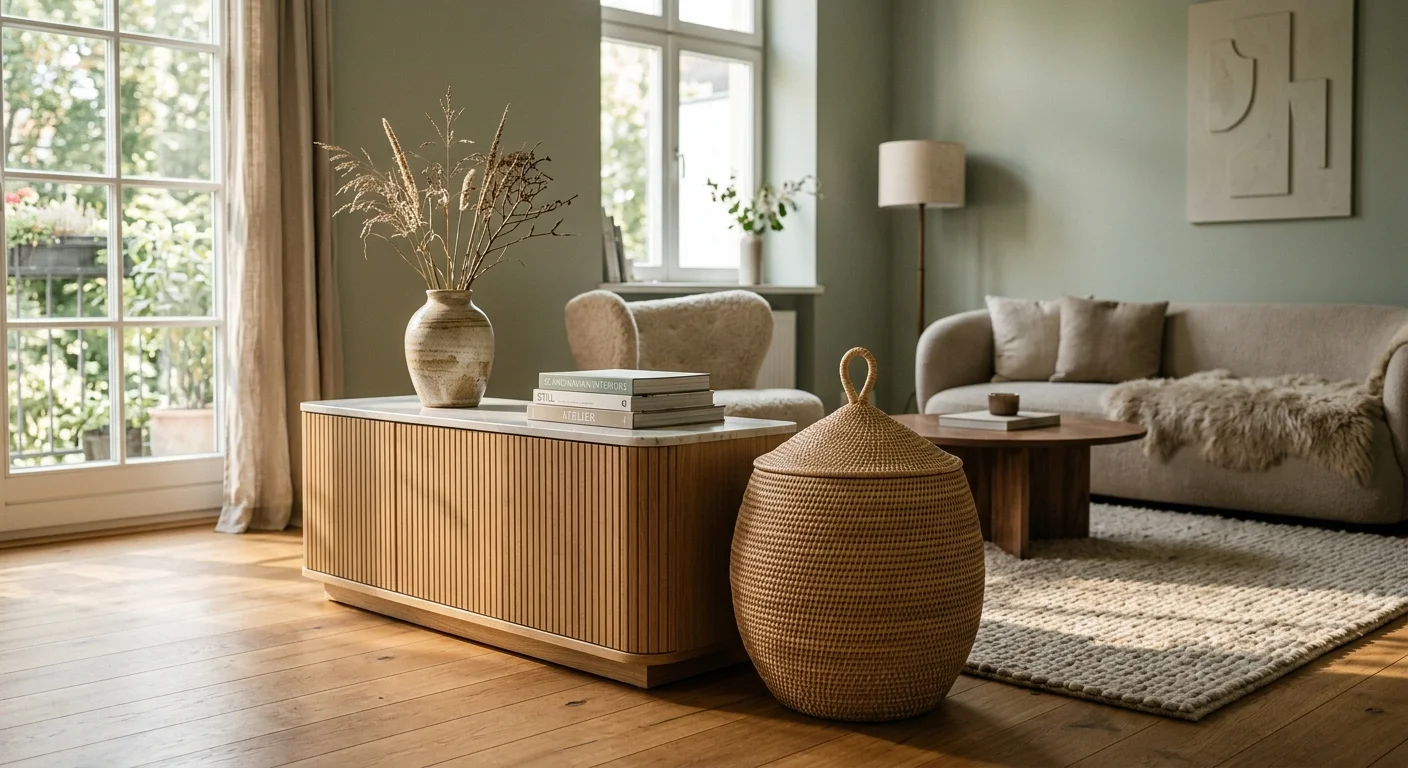 A sunlit modern living room featuring a fluted oak credenza and a large woven rattan basket on a textured wool rug.