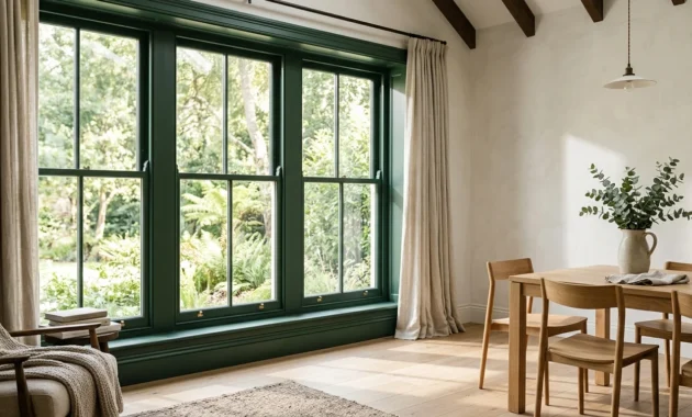 A sunlit modern living room featuring a large three-panel window frame painted in a deep matte forest green, overlooking a lush garden.