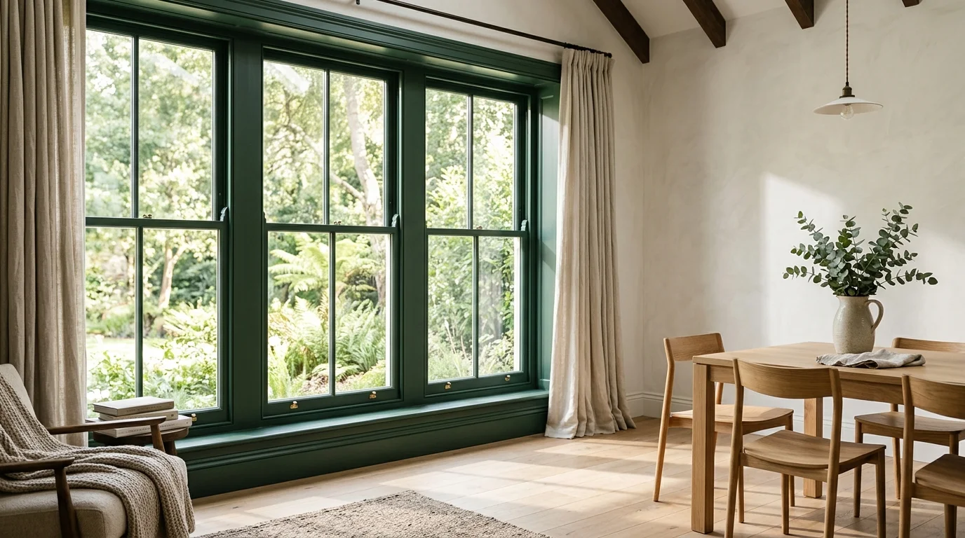 A sunlit modern living room featuring a large three-panel window frame painted in a deep matte forest green, overlooking a lush garden.