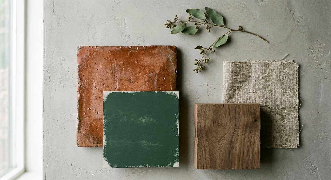 A tactile flat-lay collage of a forest green paint swatch, a terracotta tile, dried eucalyptus, and linen fabric.