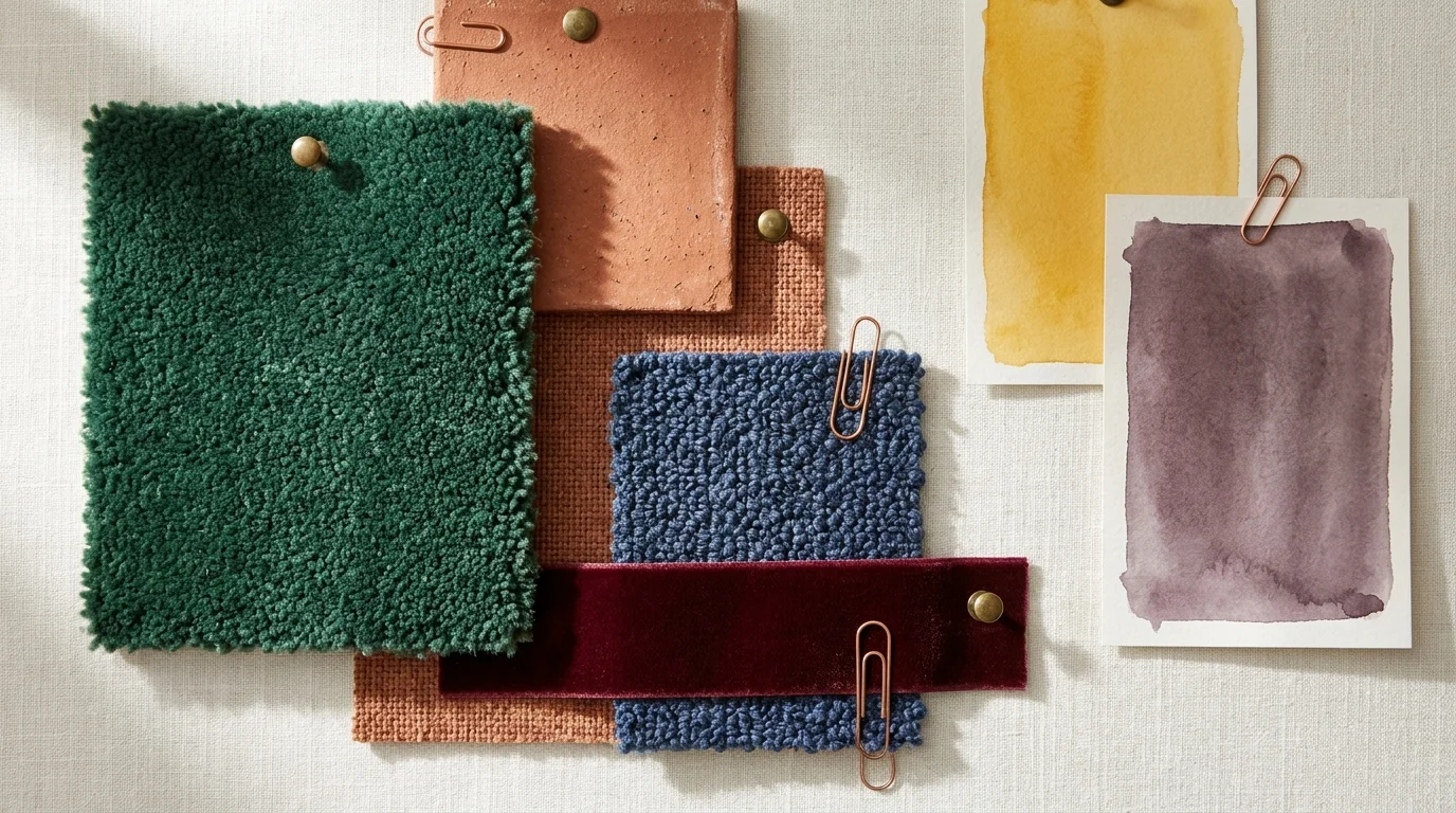 A tactile mood board collage of 2026 carpet trend swatches including emerald, terracotta, indigo, and burgundy wool fabrics.