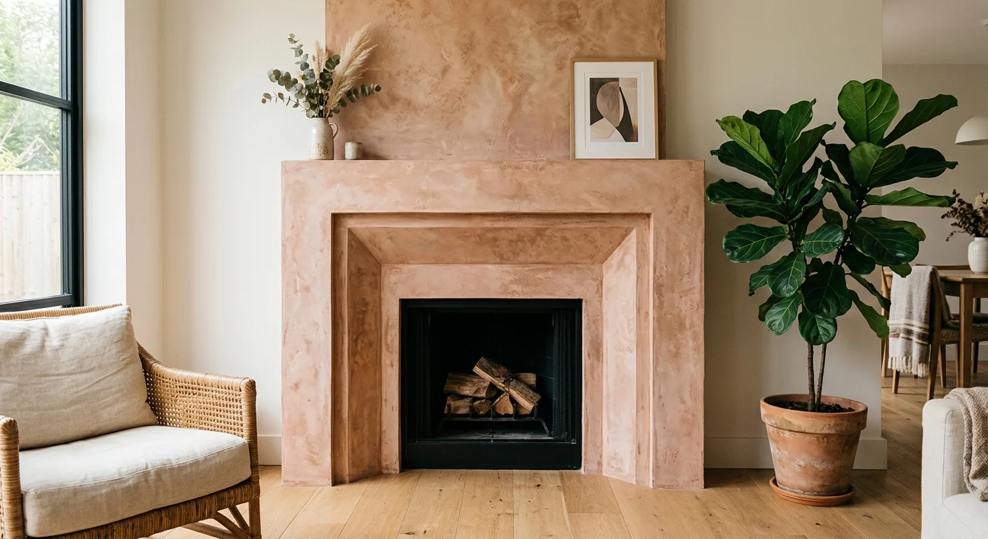 A textured earthen terracotta plaster fireplace in a sunlit living room with natural oak floors and a green plant.