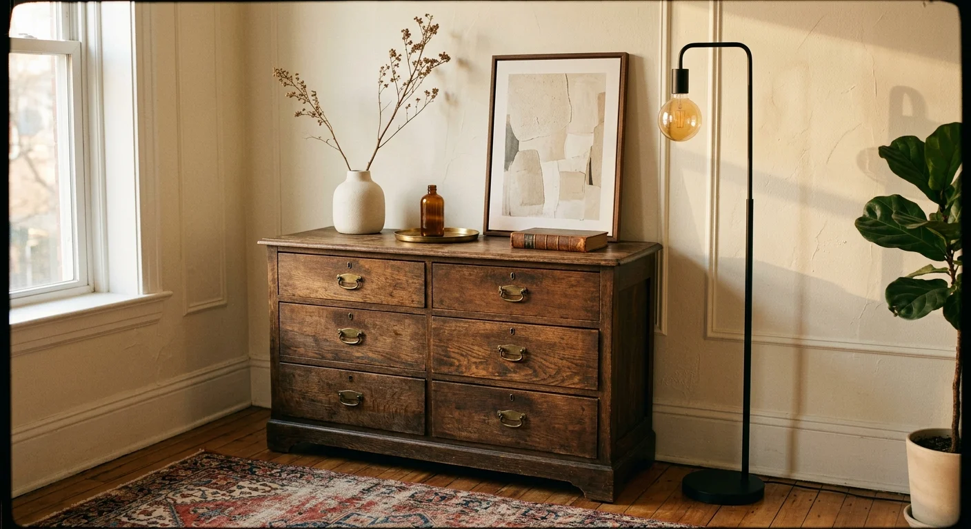 A warm 35mm film photograph of a weathered antique oak chest styled beside a modern minimalist floor lamp.