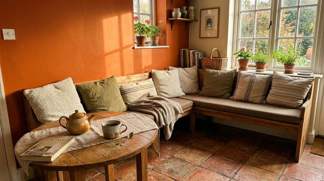 A warm kitchen breakfast nook with earthy burnt orange walls, a built-in bench with cushions, and a wooden table under sunny light.