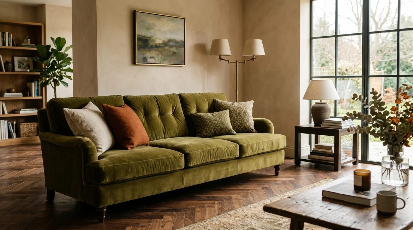 A warm olive green velvet sofa paired with a dark walnut herringbone floor, unlacquered brass lamps, and rust-colored throw pillows.