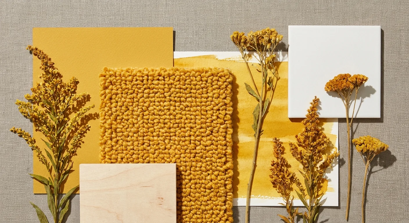 A warm yellow mood board collage with saffron carpet swatches, dried botanicals, and birch wood.