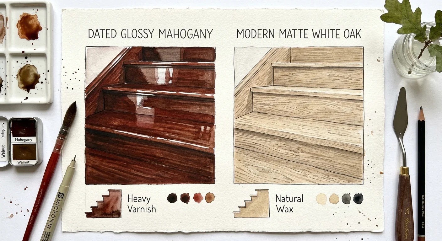 A watercolor illustration comparing a shiny dark mahogany wood swatch with a modern matte white oak wood swatch.