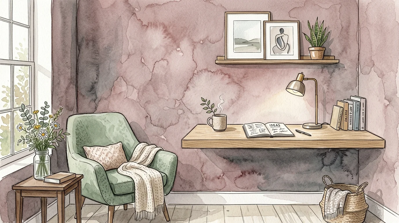 A watercolor illustration of a modern study with dusty rose walls, a light oak desk, and a sage green chair.