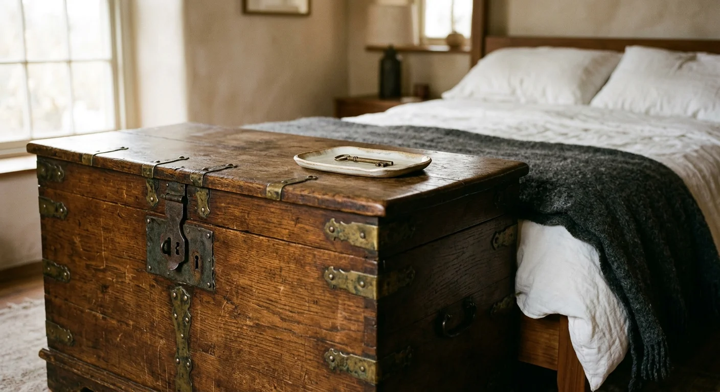 A weathered antique wooden trunk with brass bindings sits at the foot of a modern bed with white linen.