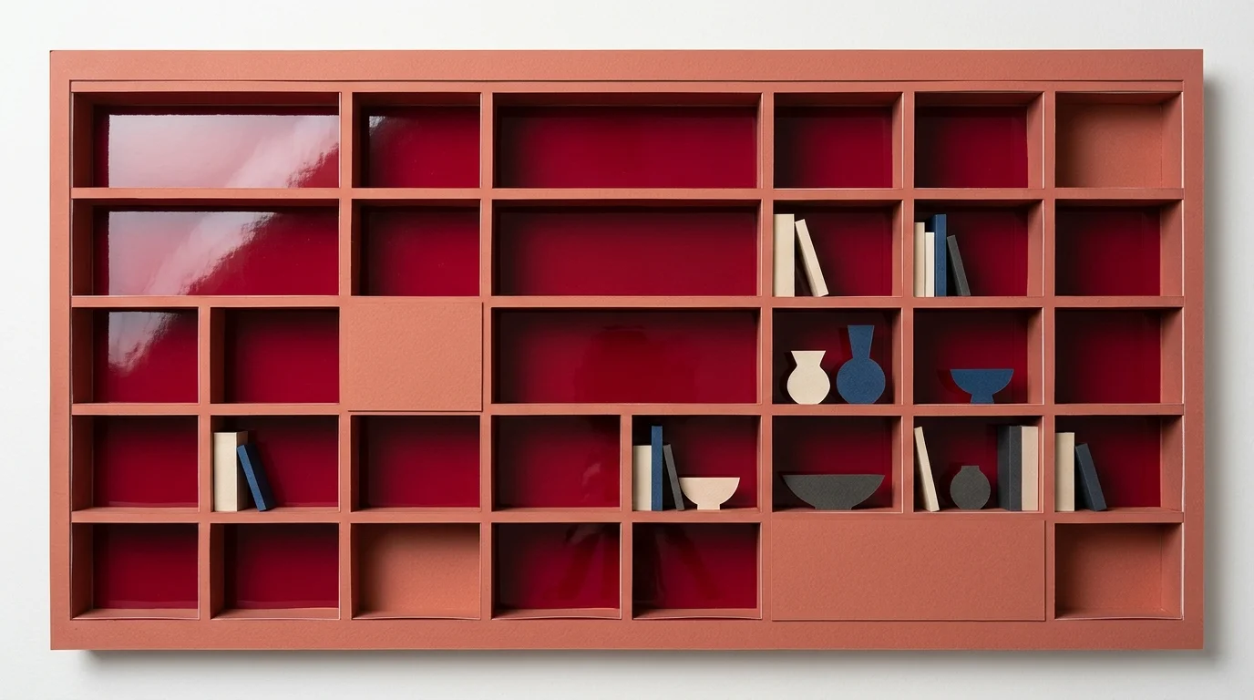 An abstract cut-paper collage showing a matte terracotta bookcase exterior with a highly reflective, glossy crimson lacquered interior.