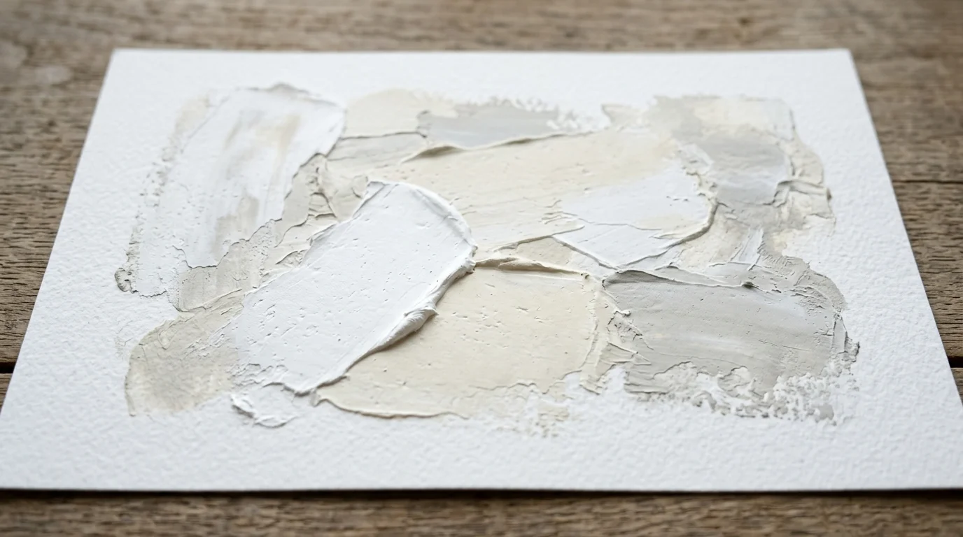 An abstract gouache study showing thick, textured layers of plaster white, warm cream, and soft gray paint.