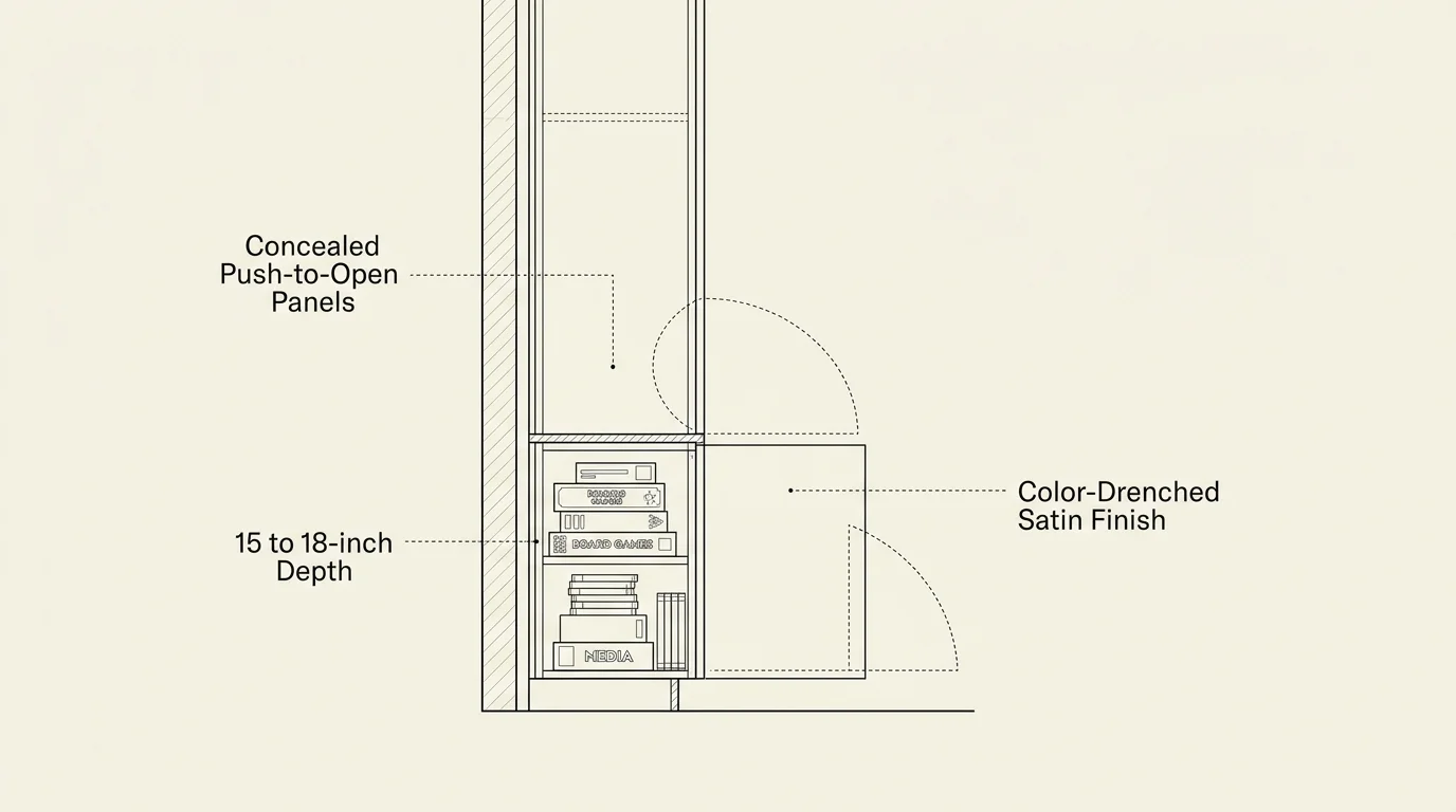 An architectural cross-section diagram of custom floor-to-ceiling built-in cabinets with push-to-open doors.