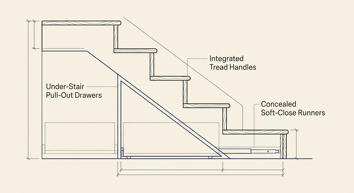 An architectural cross-section diagram of wooden stairs showing pull-out storage drawers integrated into the steps.