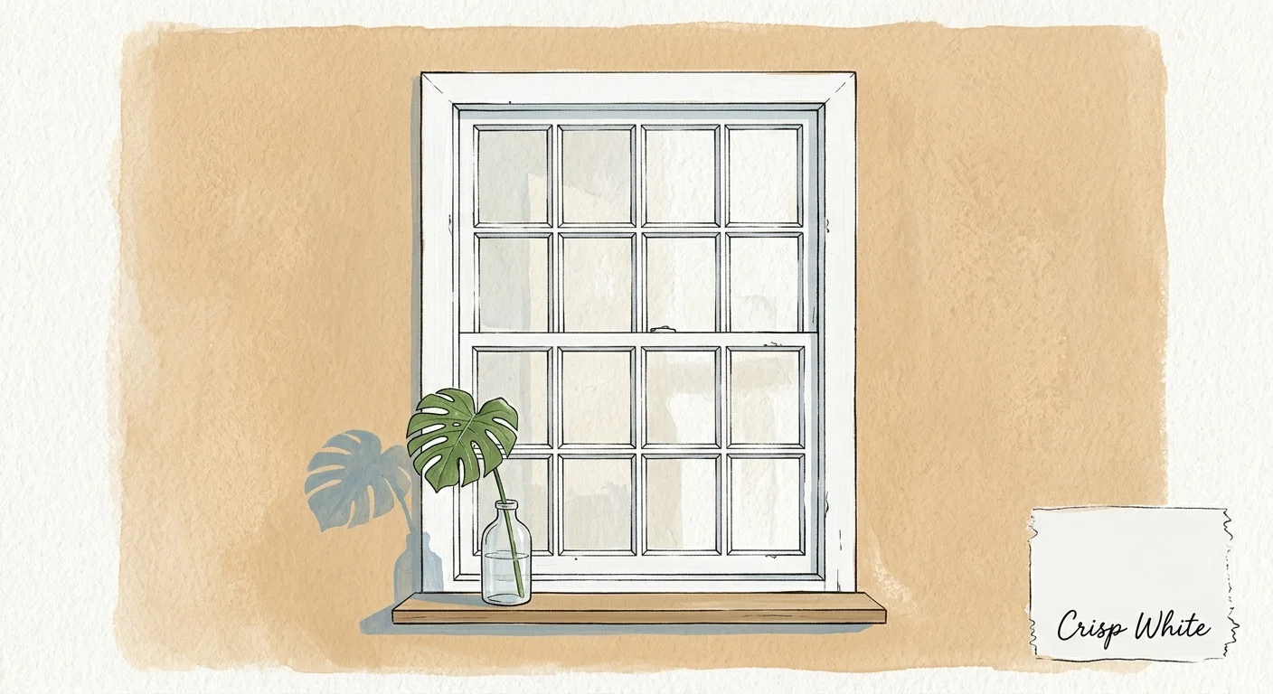 An architectural illustration of a classic window with crisp white frames against a warm sand-colored plaster wall.