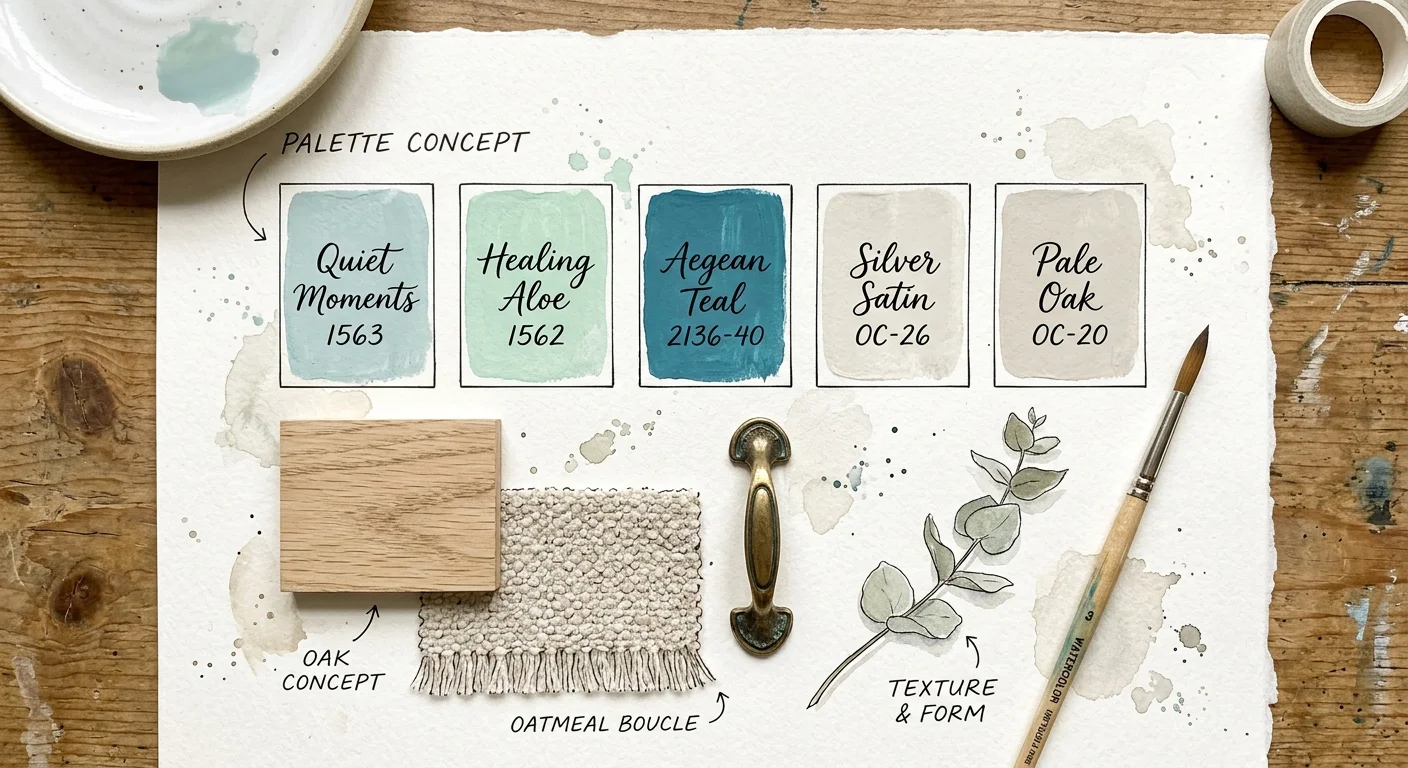 An artistic flat-lay illustration of an interior design mood board showing five labeled color swatches and complementary fabric samples.