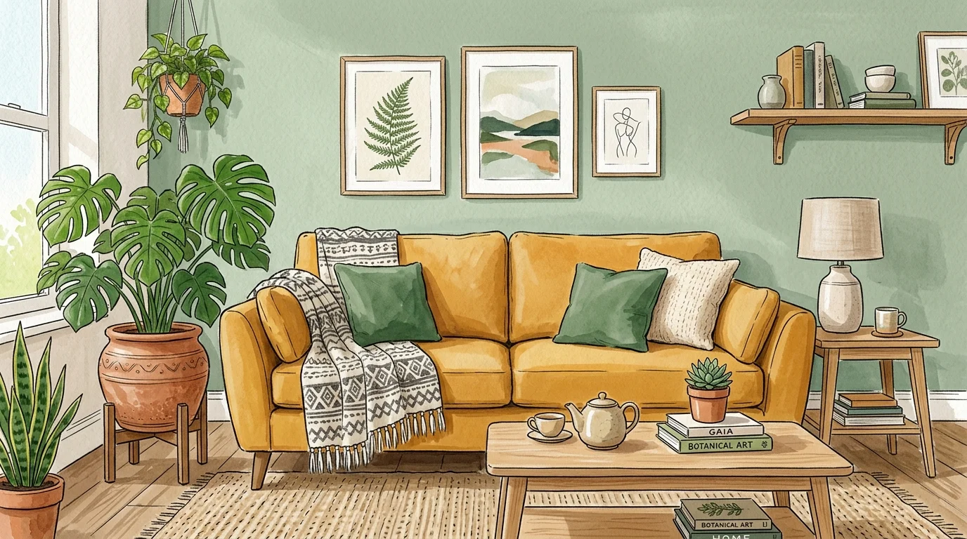 An artistic watercolor illustration of a warm ocher sofa against a sage green wall, styled with a monstera plant.
