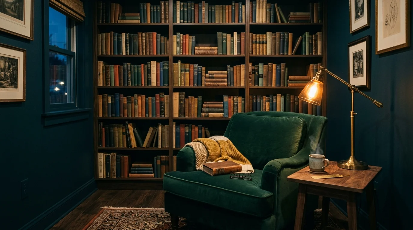 An atmospheric home library featuring a deep emerald green velvet armchair nestled against dark, moody teal-navy walls at dusk.
