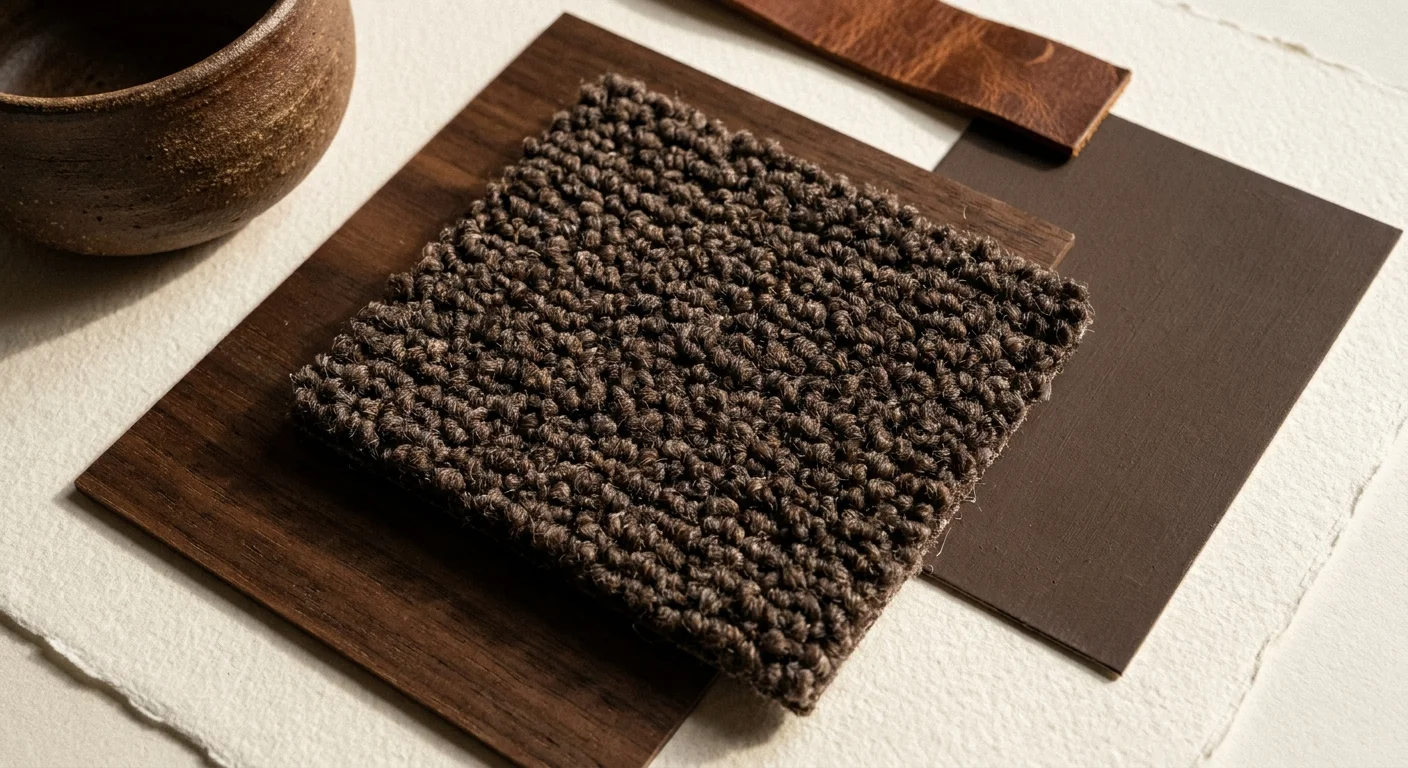 An earthy collage of espresso brown wool carpet, walnut wood, stoneware, and cognac leather.
