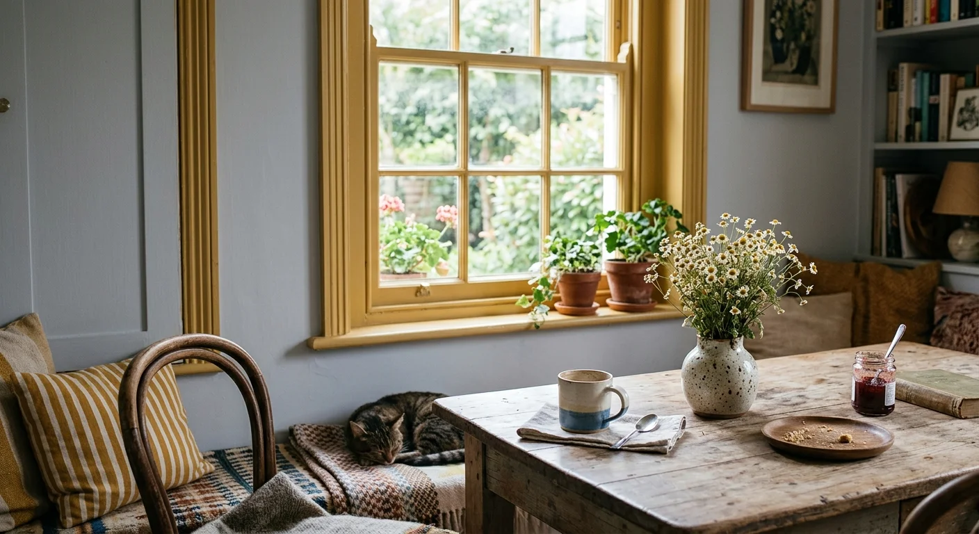 An eclectic breakfast nook with a window painted in muted mustard yellow, contrasting with soft gray walls and a wooden dining table.