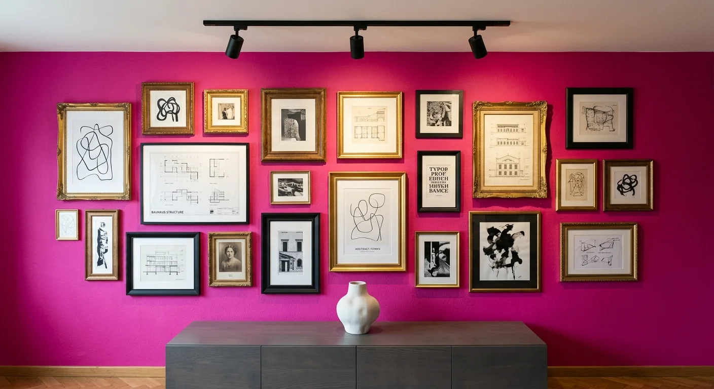 An eclectic gallery wall with gold and black frames holding black-and-white art, set against an electric magenta wall.
