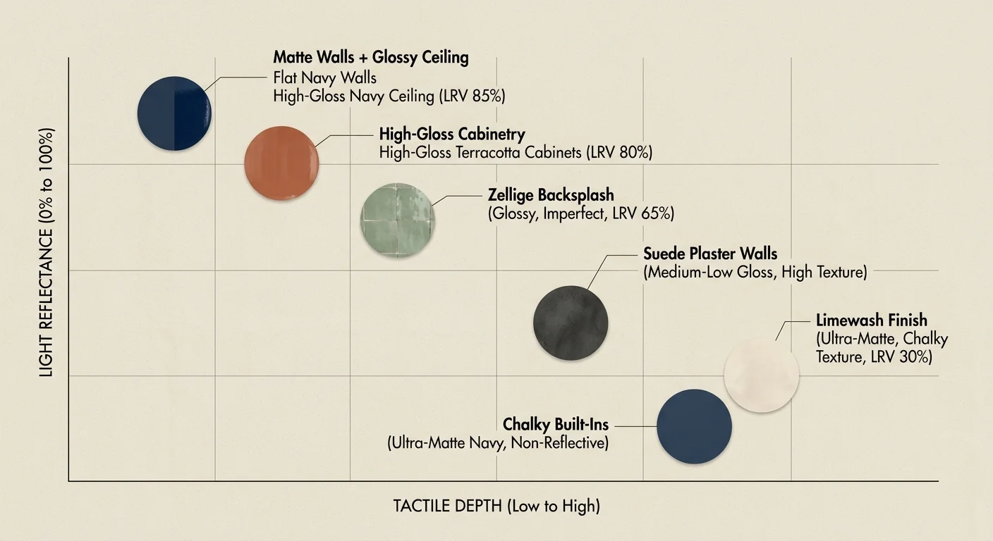 An editorial diagram mapping interior design finish trends on a grid of Light Reflectance versus Tactile Depth.