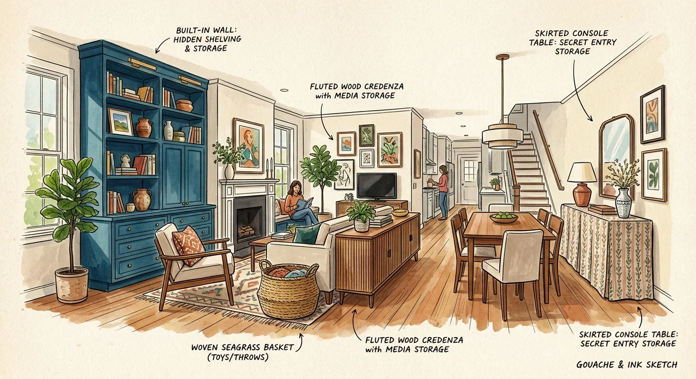 An editorial gouache illustration of a beautifully curated living space combining various hidden storage solutions.