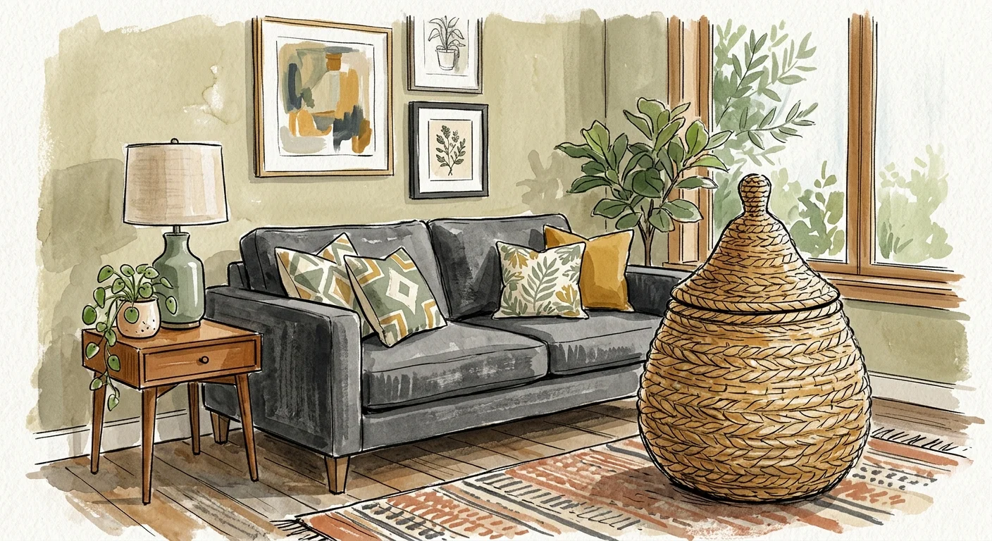 An editorial gouache illustration of a tall, woven seagrass basket with a lid placed next to a modern gray sofa.