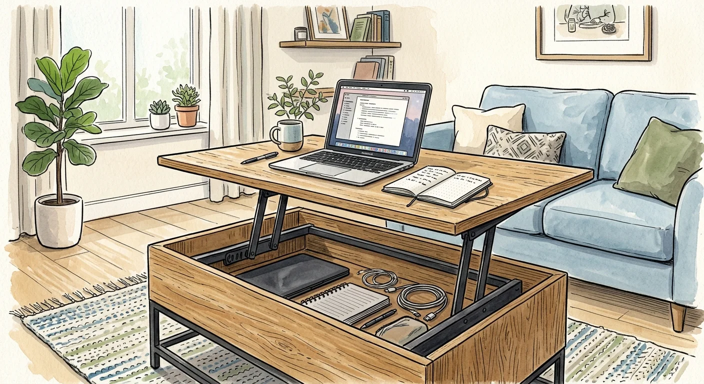 An editorial gouache illustration of an oak coffee table with a lift-top mechanism revealing hidden laptop storage.