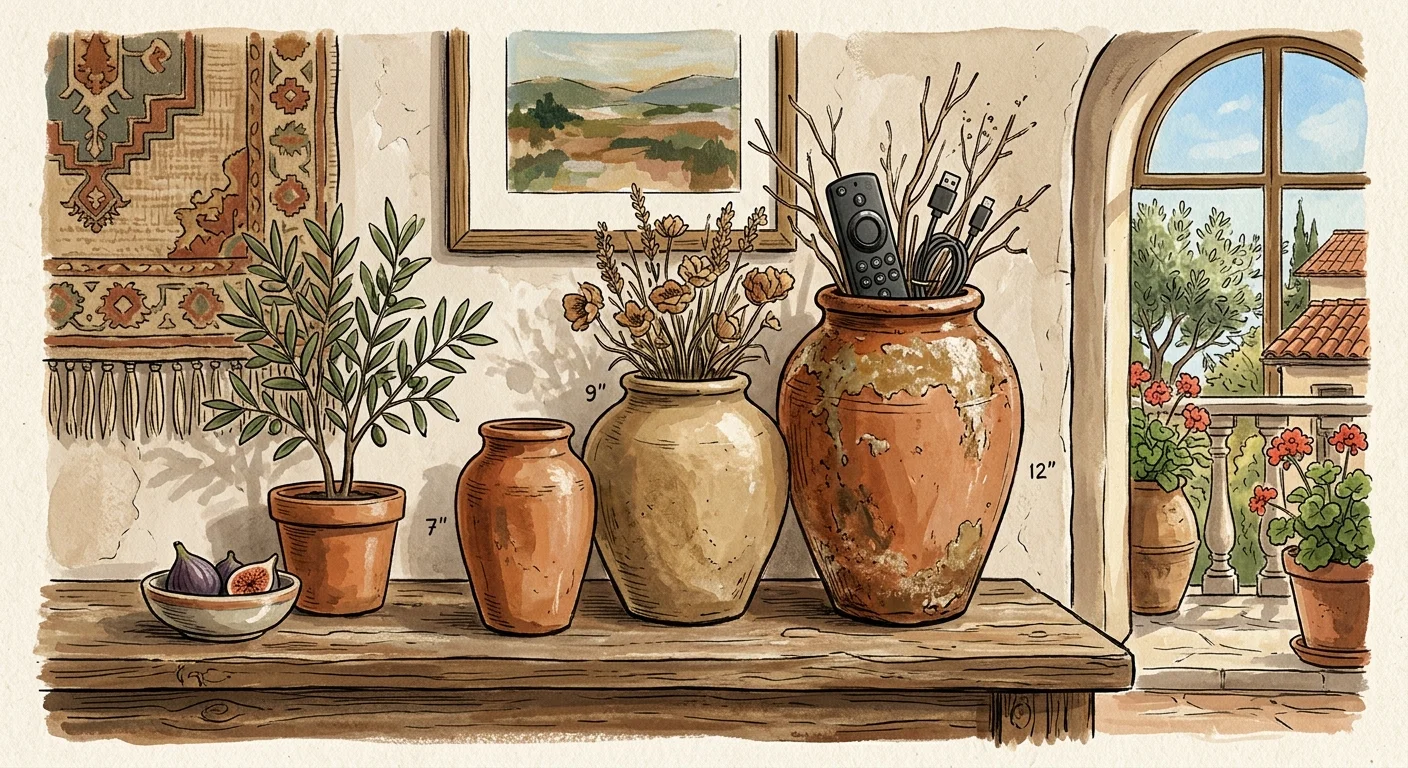 An editorial gouache illustration of terracotta jars on a rustic wood table, hiding electronic accessories.