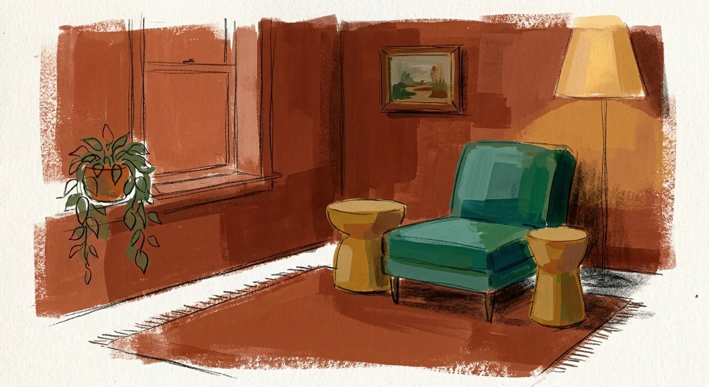 An editorial gouache illustration showcasing a cozy living room corner painted in warm terracotta, ochre, and forest green.