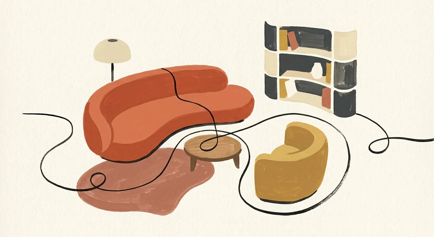 An editorial gouache illustration showing the flowing, organic lines of a curved kidney-bean sofa in a modern living room.