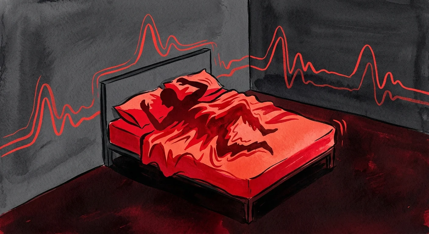 An editorial illustration of a restless silhouette on a bed with vibrating crimson red sheets and red pulse lines.