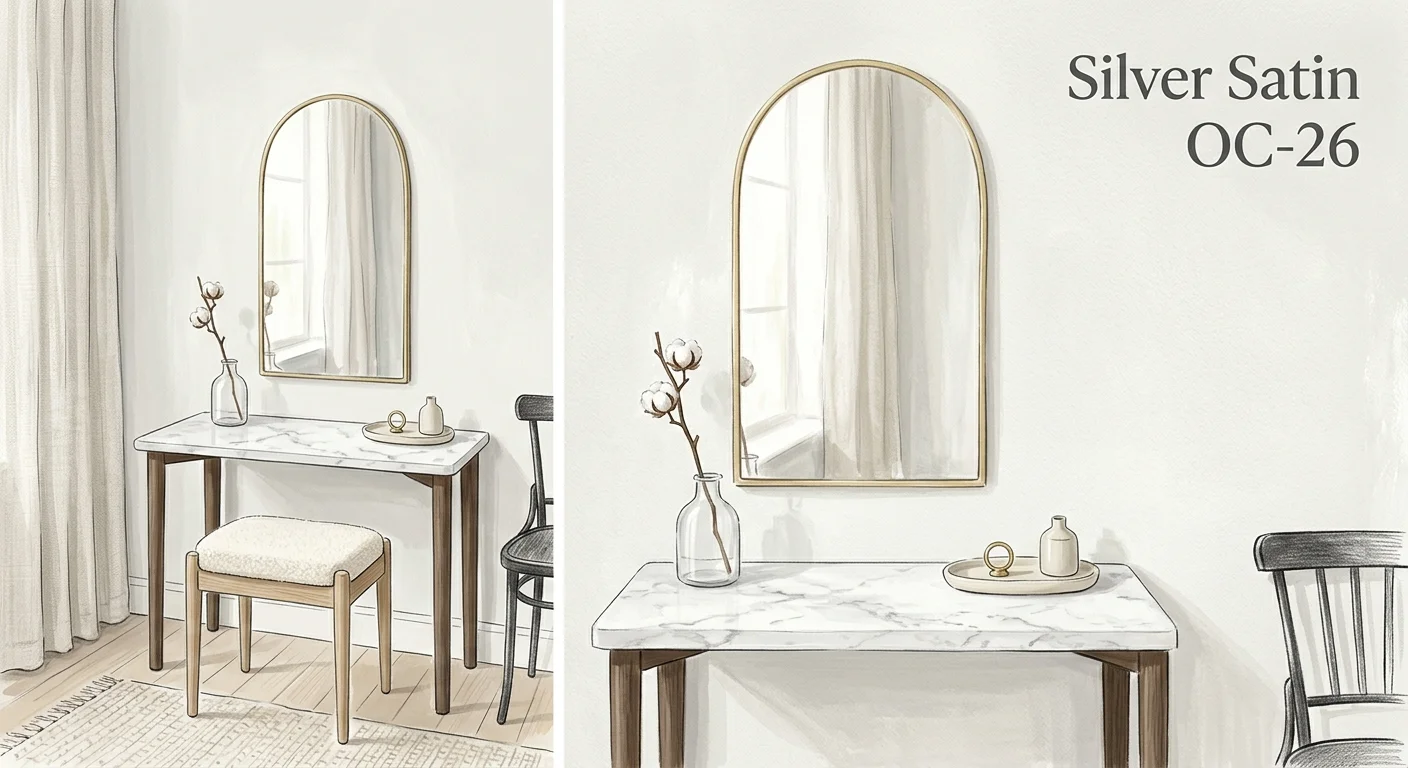 An elegant gouache illustration of a bedroom vanity with a silvery-white wall labeled Silver Satin OC-26 and an arched brass mirror.