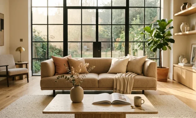 An elegant, sunlit living room with a low-profile sofa on a cream boucle rug, next to a stone coffee table with branches in a vase.